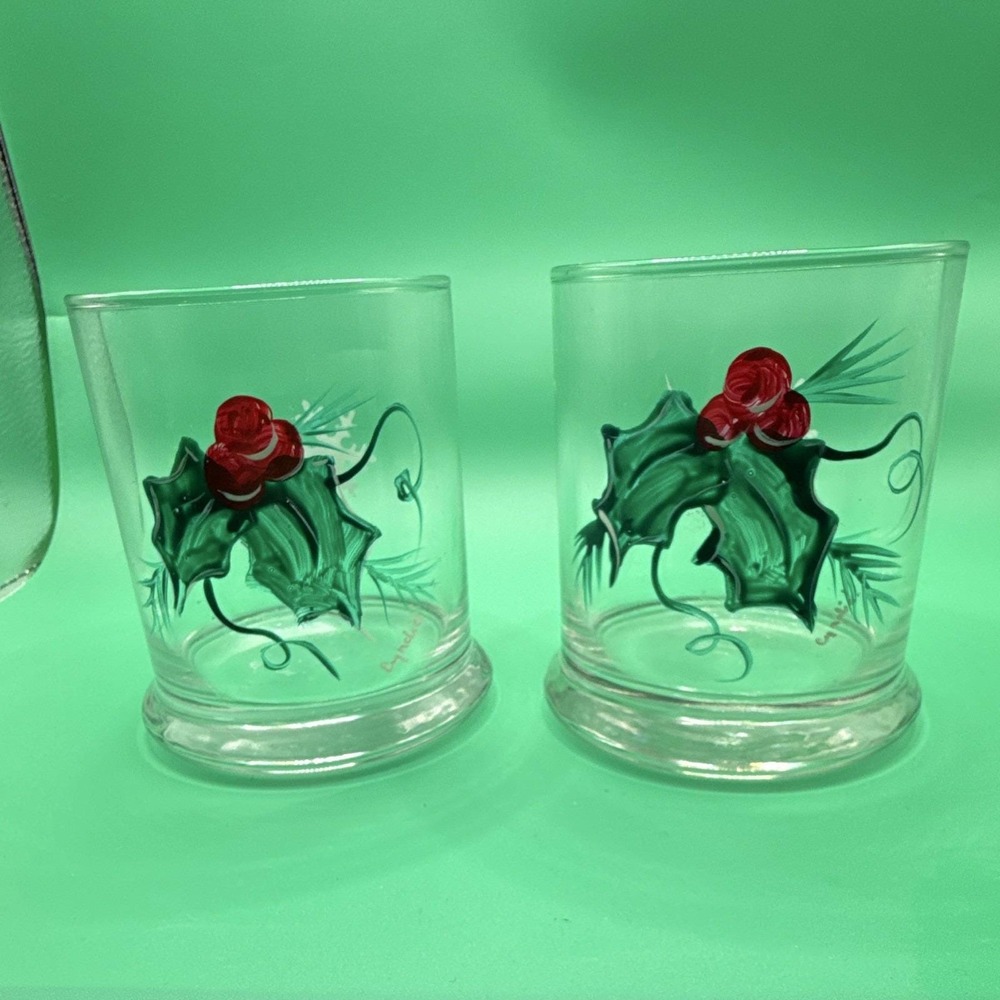 Vintage 1980s Lo Ball Glasses Christmas Holly & Snowflake; Hand-painted set of 2
